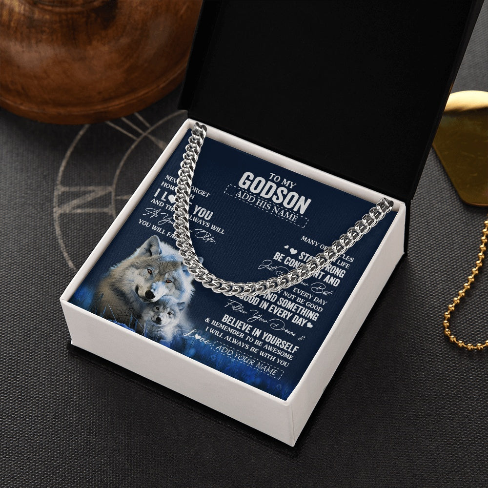 Cuban Link Chain Necklace Stainless Steel | 2 | Personalized To My Godson I Love You Forever Necklace From Godmother Godfather Wolf Godson Birthday Gifts Graduation Christmas Custom Gift Box Message Card | teecentury.myshopify