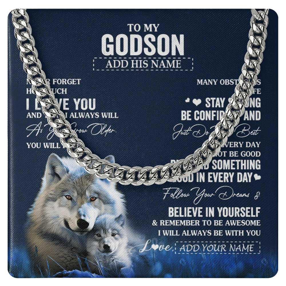 Cuban Link Chain Necklace Stainless Steel | 1 | Personalized To My Godson I Love You Forever Necklace From Godmother Godfather Wolf Godson Birthday Gifts Graduation Christmas Custom Gift Box Message Card | teecentury.myshopify