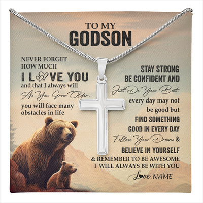 Stainless Cross Necklace Stainless Steel | 1 | Personalized To My Godson I Love You Forever Necklace From Godmother Uncle Bear Godson Birthday Gifts Graduation Christmas Customized Gift Box Message Card | teecentury