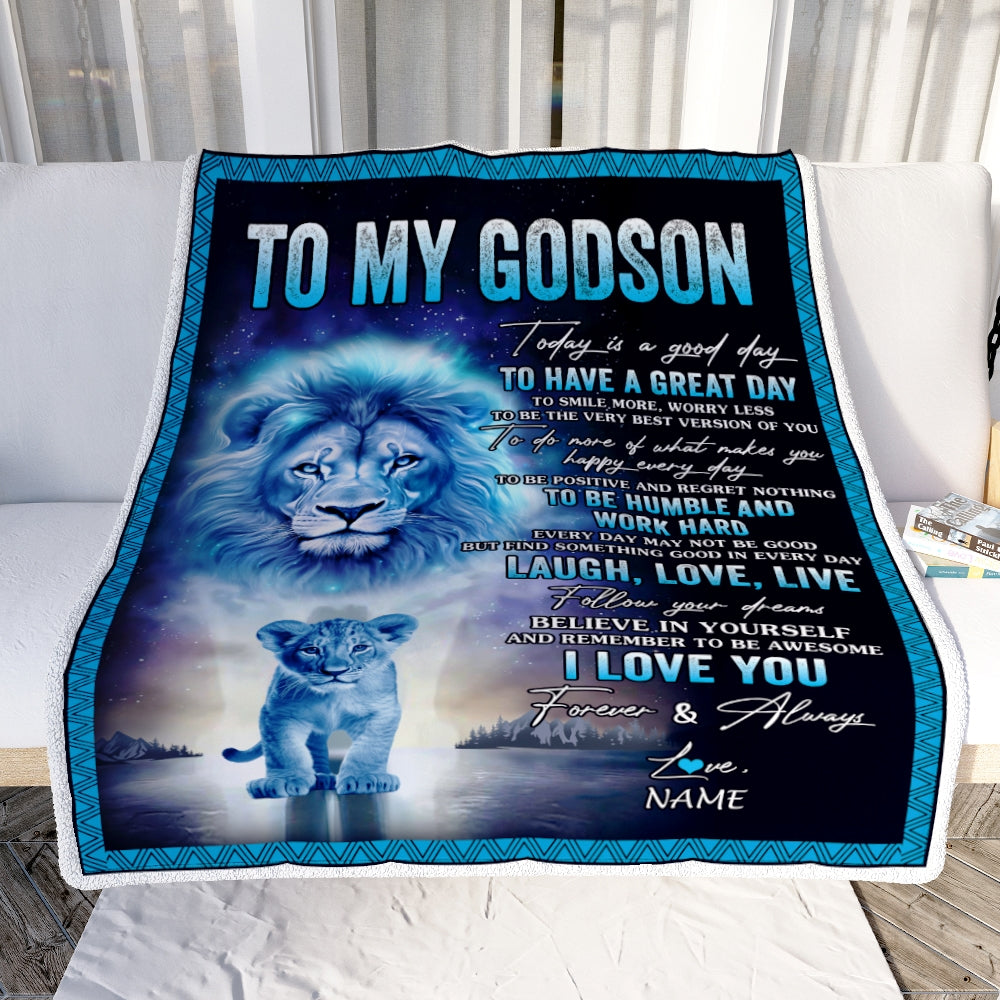 Personalized To My Godson Lion Blanket From Godfather Every Day Laugh Love Live Godson Birthday Graduation Christmas Customized Bed Fleece Throw Blanket | teecentury