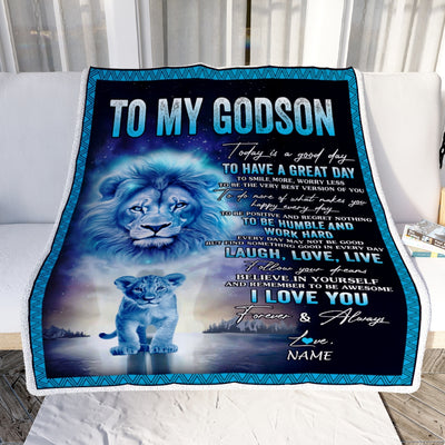 Personalized To My Godson Lion Blanket From Godfather Every Day Laugh Love Live Godson Birthday Graduation Christmas Customized Bed Fleece Throw Blanket | teecentury