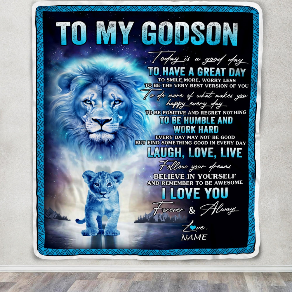 Personalized To My Godson Lion Blanket From Godfather Every Day Laugh Love Live Godson Birthday Graduation Christmas Customized Bed Fleece Throw Blanket | teecentury