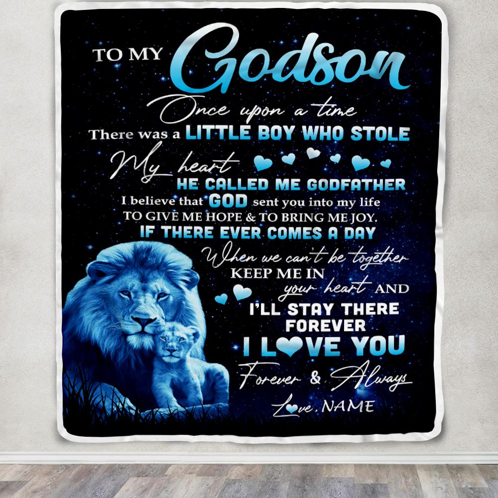 Personalized To My Godson Lion Blanket From Godfather I'll Stay There Forever Godson Birthday Graduation Christmas Customized Bed Quilt Fleece Throw Blanket | teecentury