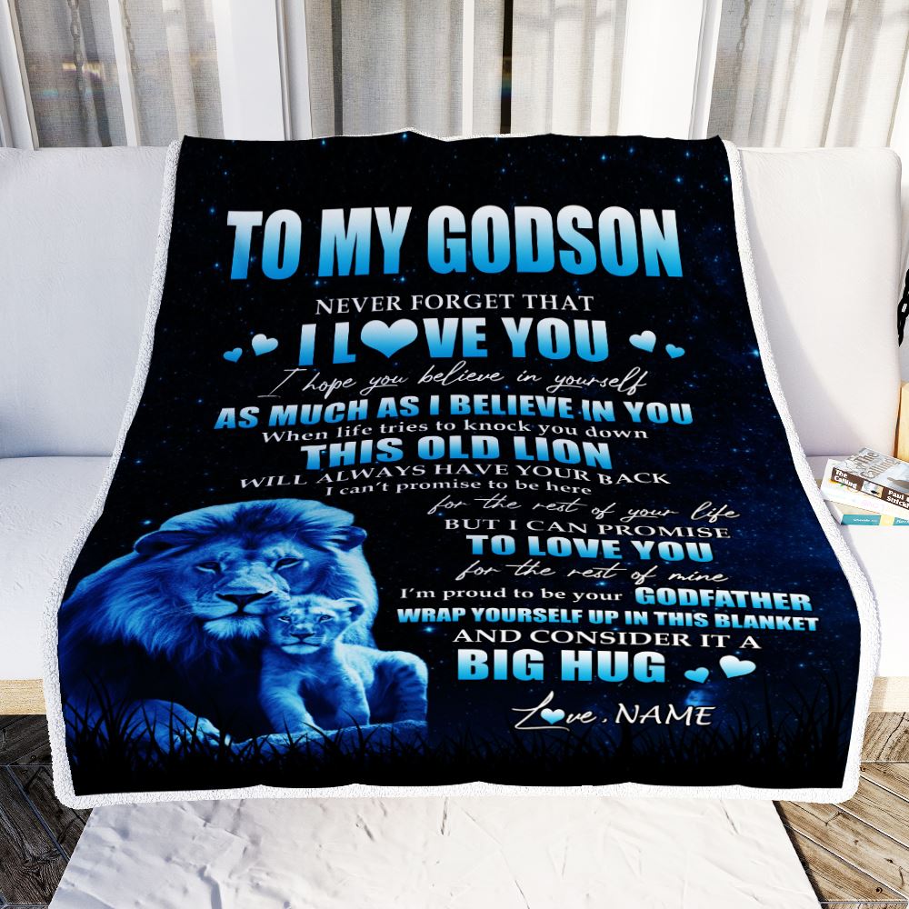 Personalized To My Godson Lion Blanket From Godfather Never Forget I Love You Godson Birthday Graduation Christmas Customized Bed Fleece Throw Blanket | teecentury