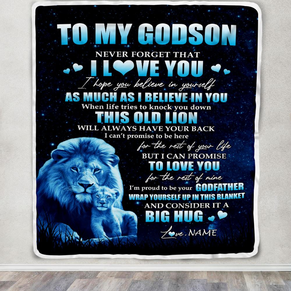Personalized To My Godson Lion Blanket From Godfather Never Forget I Love You Godson Birthday Graduation Christmas Customized Bed Fleece Throw Blanket | teecentury
