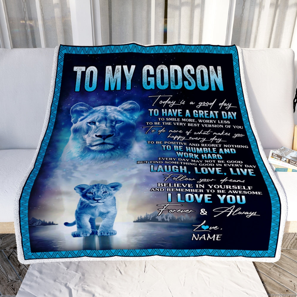 Personalized To My Godson Lion Blanket From Godmother Every Day Laugh Love Live Godson Birthday Graduation Christmas Customized Bed Fleece Throw Blanket | teecentury