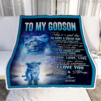 Personalized To My Godson Lion Blanket From Godmother Every Day Laugh Love Live Godson Birthday Graduation Christmas Customized Bed Fleece Throw Blanket | teecentury