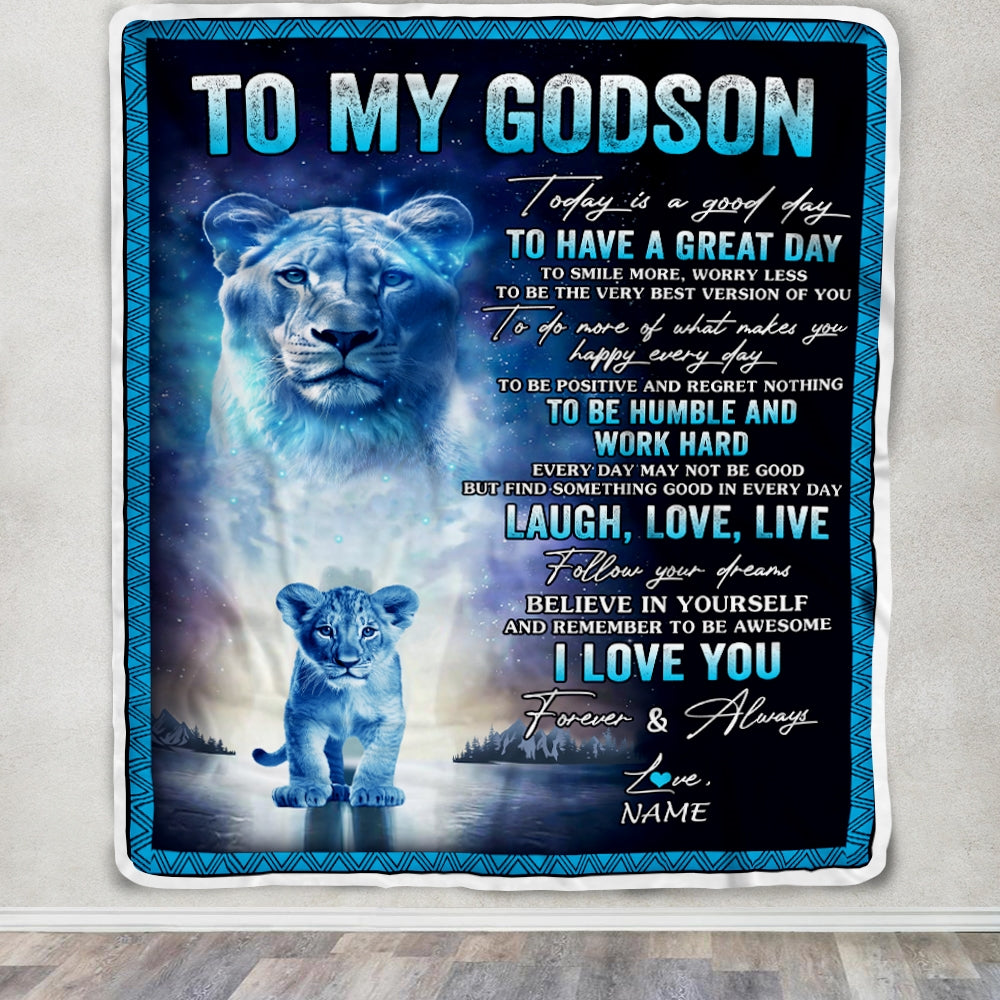 Personalized To My Godson Lion Blanket From Godmother Every Day Laugh Love Live Godson Birthday Graduation Christmas Customized Bed Fleece Throw Blanket | teecentury