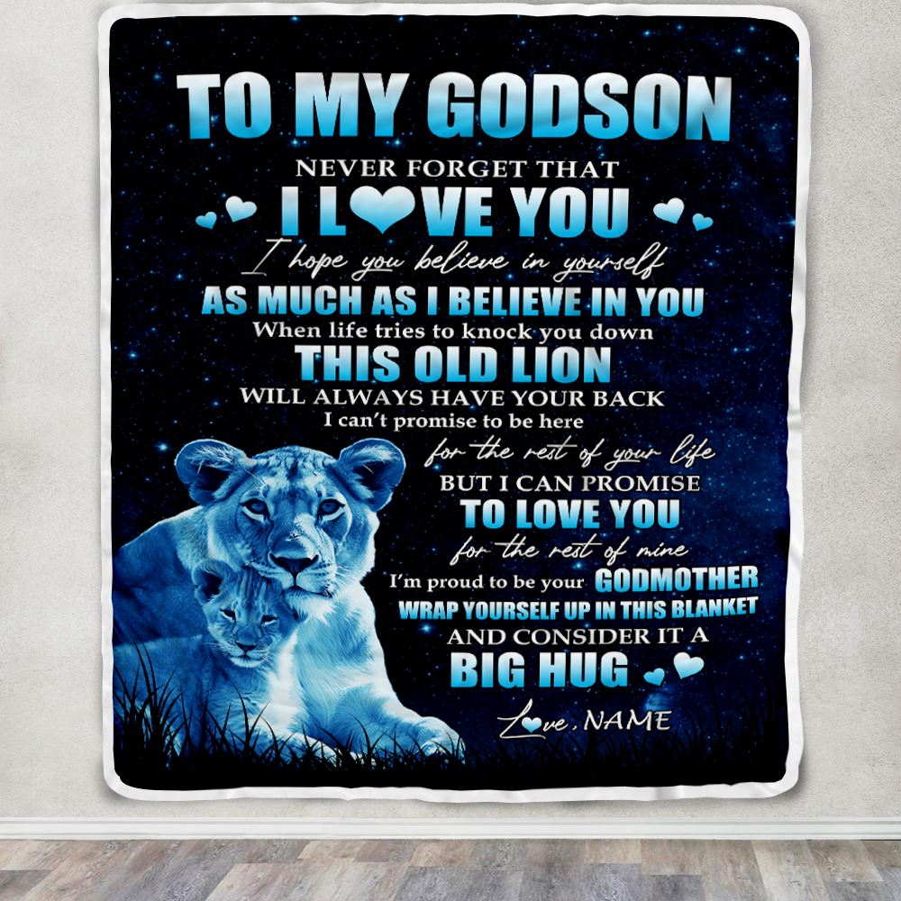 Personalized To My Godson Lion Blanket From Godmother Never Forget I Love You Godson Birthday Graduation Christmas Customized Bed Fleece Throw Blanket | teecentury
