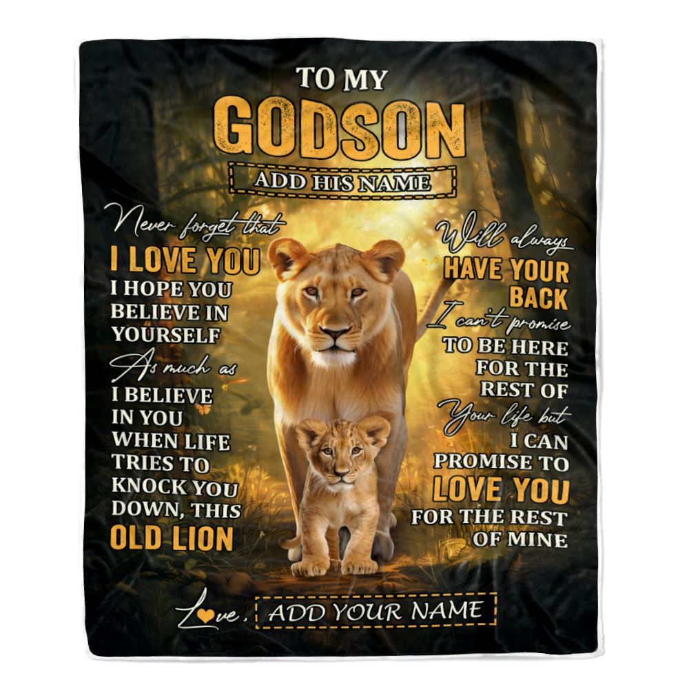 Personalized To My Godson Lion Blanket From Godmother Never Forget That I Love You Godson Birthday Gifts Graduation Christmas Customized Fleece Throw Blanket | teecentury
