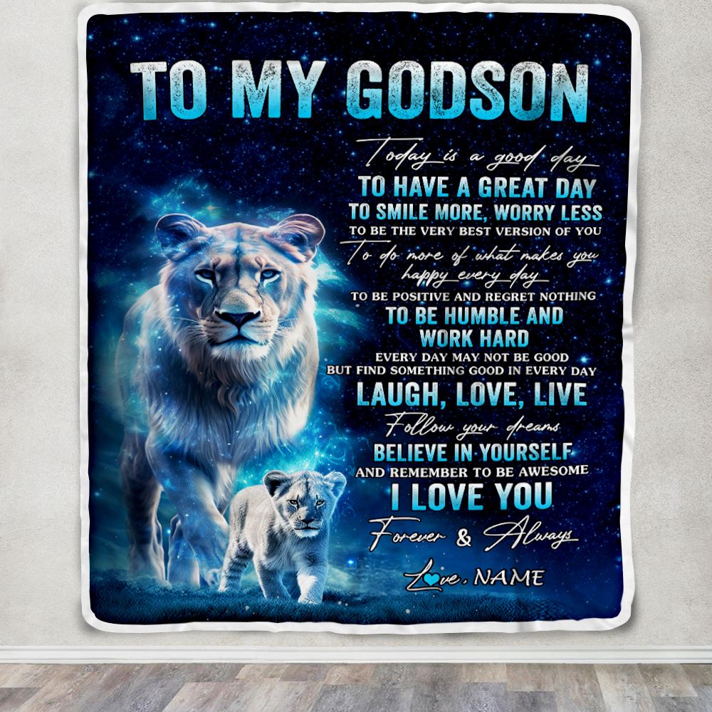 Personalized To My Godson Lion Blanket From Godmother Today Is A Good Day Godson Gifts Birthday Graduation Christmas Customized Bed Fleece Throw Blanket | teecentury