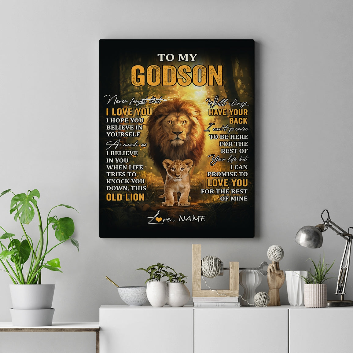 Personalized To My Godson Lion Canvas From Godfather Never Forget That I Love You Godson Birthday Gifts Graduation Christmas Custom Wall Art Print Framed Canvas | teecentury