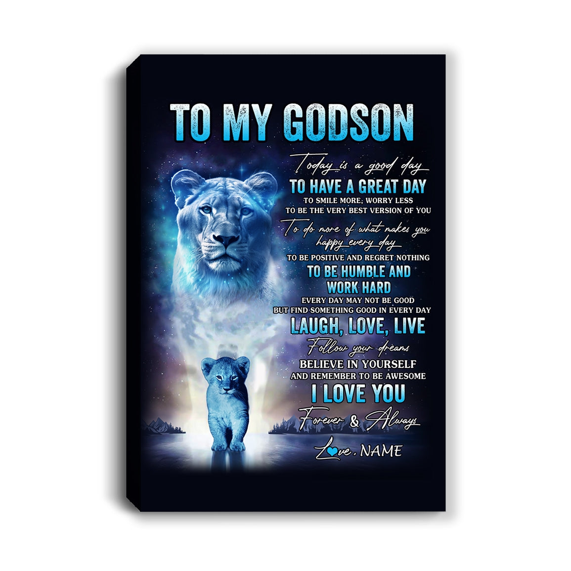 Personalized To My Godson Lion Canvas From Godmother Every Day Laugh Love Live Godson Birthday Gifts Graduation Christmas Custom Wall Art Print Framed Canvas | teecentury