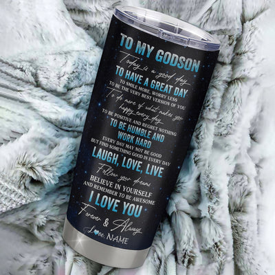 Personalized To My Godson Lion From Godfather Stainless Steel Tumbler Cup Every Day Laugh Love Live Godson Birthday Graduation Christmas Travel Mug | teecentury