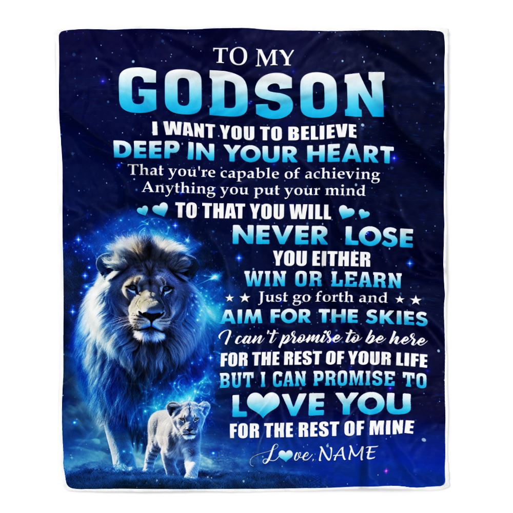 Personalized To My Godson Lion From Godfather Uncle Blanket Believe Your Heart Godson Gift Birthday Graduation Christmas Customized Fleece Throw Blanket | teecentury