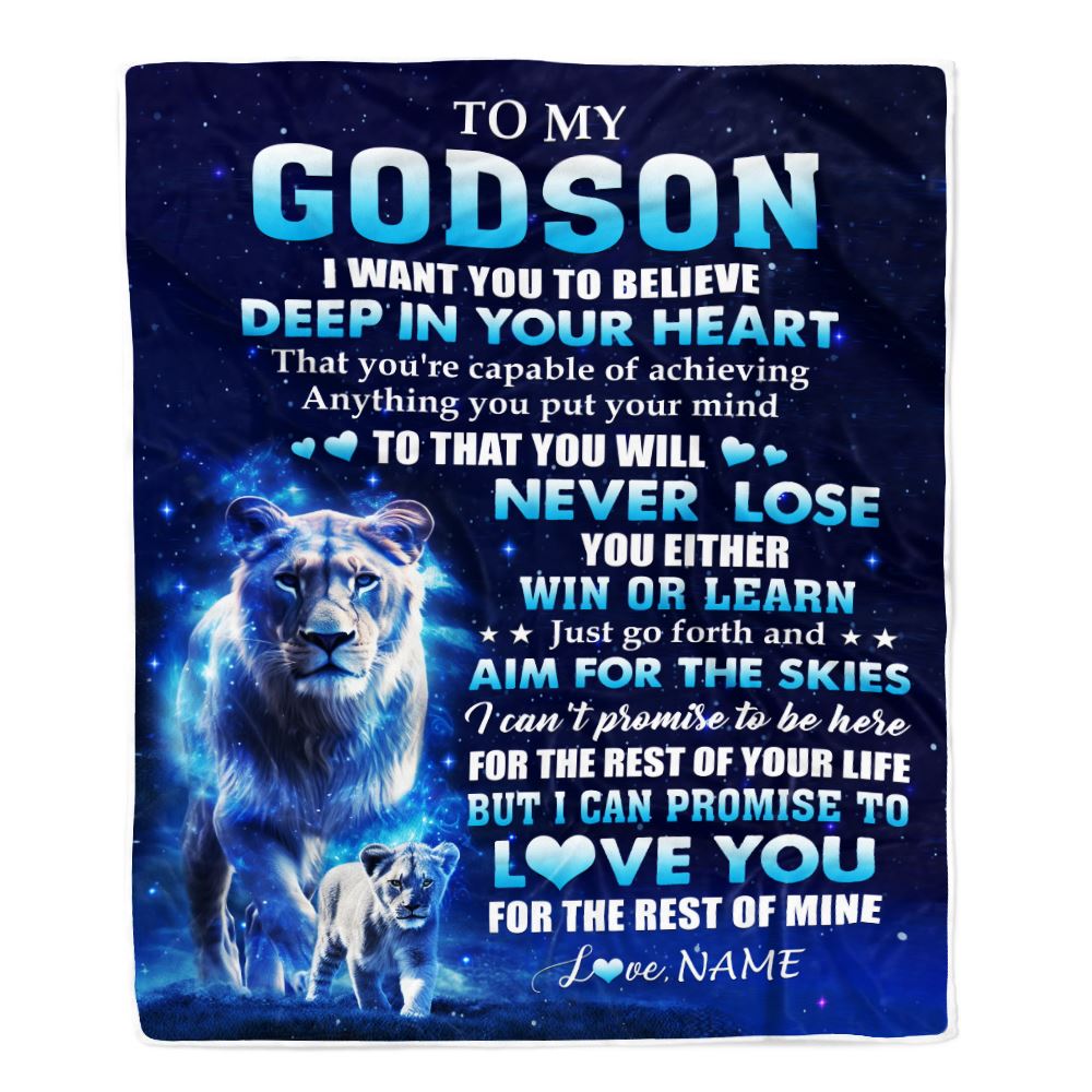 Personalized To My Godson Lion From Godmother Aunt Blanket Believe Your Heart Godson Gift Birthday Graduation Christmas Customized Fleece Throw Blanket | teecentury