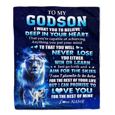 Personalized To My Godson Lion From Godmother Aunt Blanket Believe Your Heart Godson Gift Birthday Graduation Christmas Customized Fleece Throw Blanket | teecentury