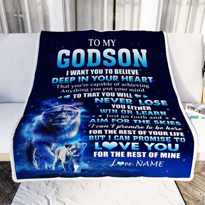 Personalized To My Godson Lion From Godmother Aunt Blanket Believe Your Heart Godson Gift Birthday Graduation Christmas Customized Fleece Throw Blanket | teecentury