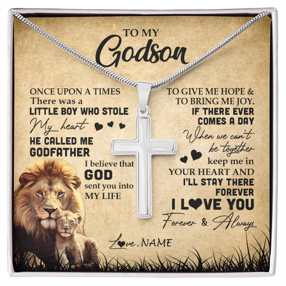 Stainless Cross Necklace | Personalized To My Godson Lion Necklace From Godfather I'll Stay There Forever Godson Birthday Graduation Christmas Customized Gift Box Message Card | teecentury