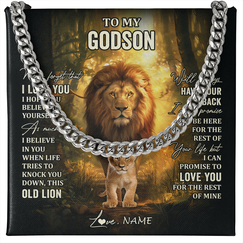 Cuban Link Chain Necklace Stainless Steel | 1 | Personalized To My Godson Lion Necklace From Godfather Never Forget That I Love You Godson Birthday Graduation Christmas Customized Gift Box Message Card | teecentury