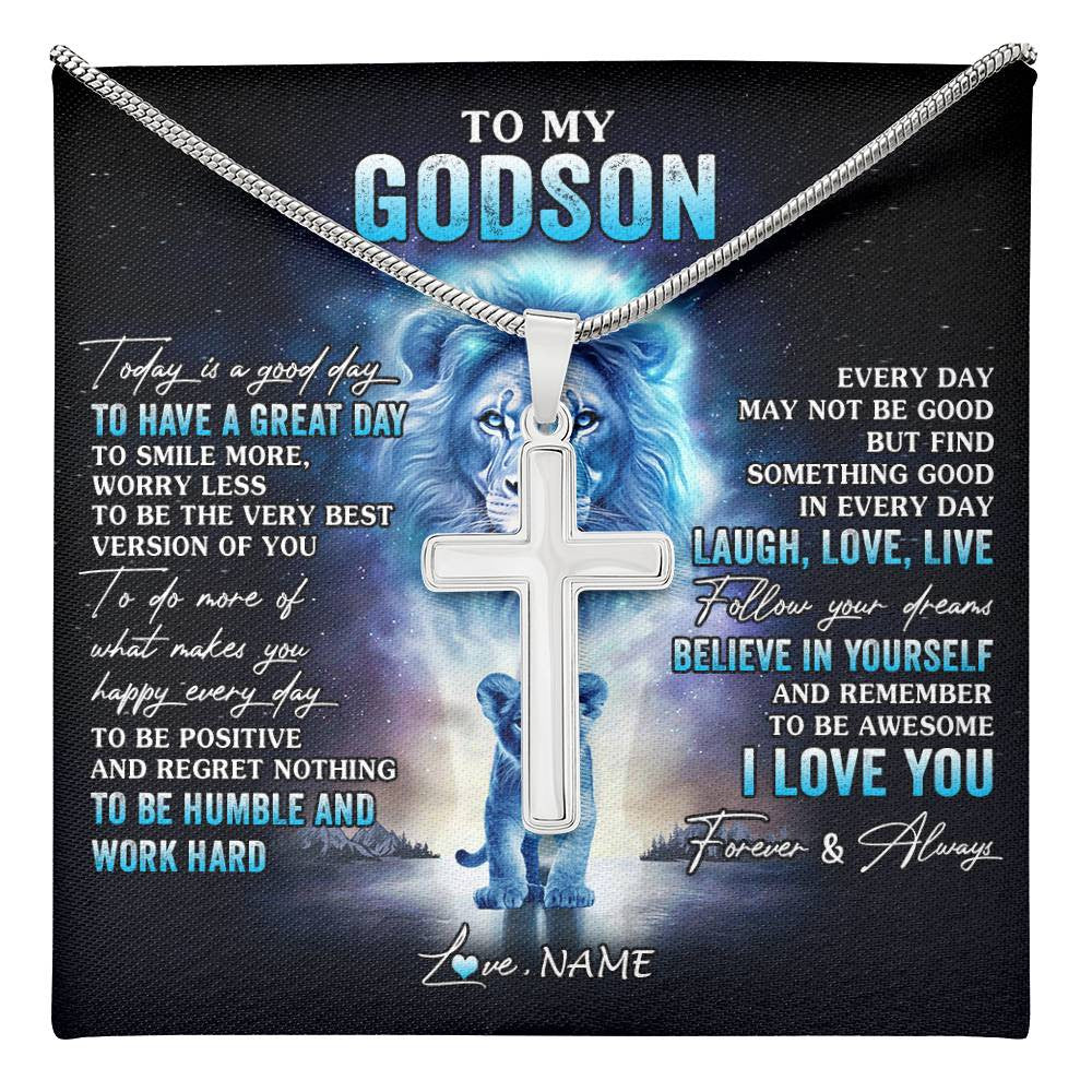 Stainless Cross Necklace Stainless Steel | 1 | Personalized To My Godson Lion Necklace From Godfather Uncle Every Day Laugh Love Live Godson Birthday Graduation Christmas Customized Gift Box Message Card | teecentury