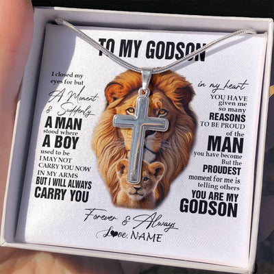 Stainless Cross Necklace Stainless Steel | 2 | Personalized To My Godson Lion Necklace From Godfather Uncle I Closed My Eyes Great Godson Birthday Graduation Christmas Customized Gift Box Message Card | teecentury
