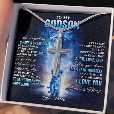 Stainless Cross Necklace Stainless Steel | 2 | Personalized To My Godson Lion Necklace From Godmother Aunt Every Day Laugh Love Live Godson Birthday Graduation Christmas Customized Gift Box Message Card | teecentury