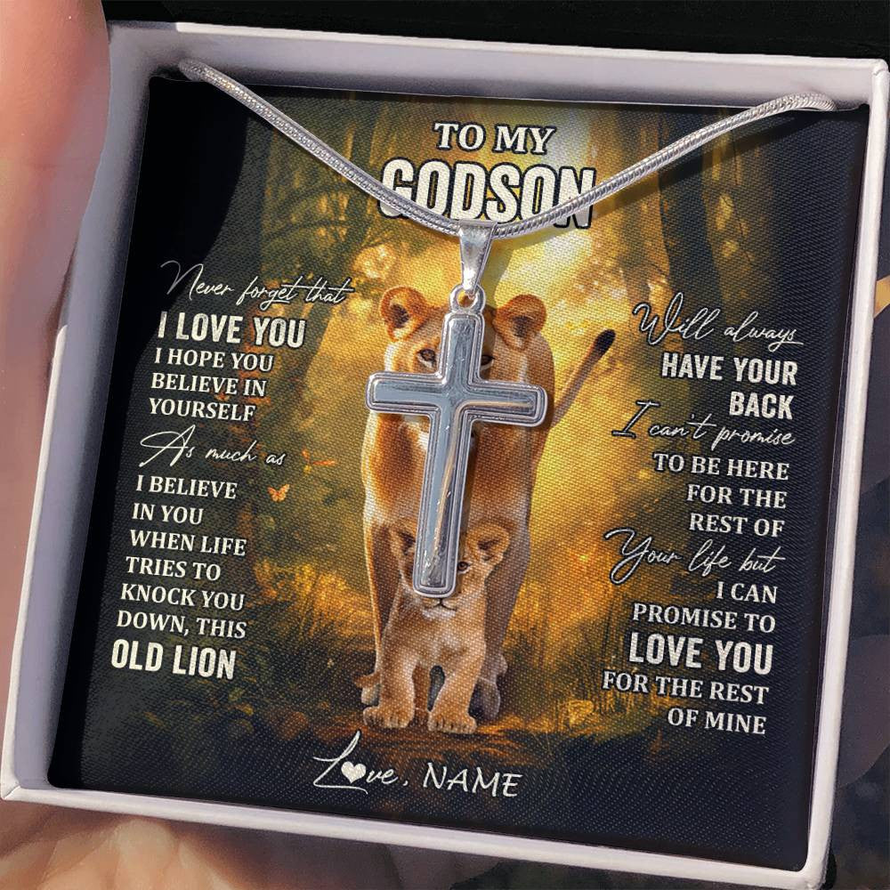 Stainless Cross Necklace Stainless Steel | 2 | Personalized To My Godson Lion Necklace From Godmother Never Forget That I Love You Godson Birthday Graduation Christmas Customized Gift Box Message Card | teecentury