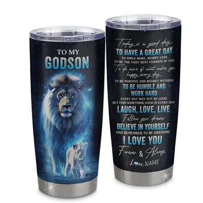 Personalized To My Godson Lion Tumbler From Godfather Stainless Steel Cup Today Is A Good Day Godson Gifts Birthday Graduation Christmas Custom Travel Mug | teecentury
