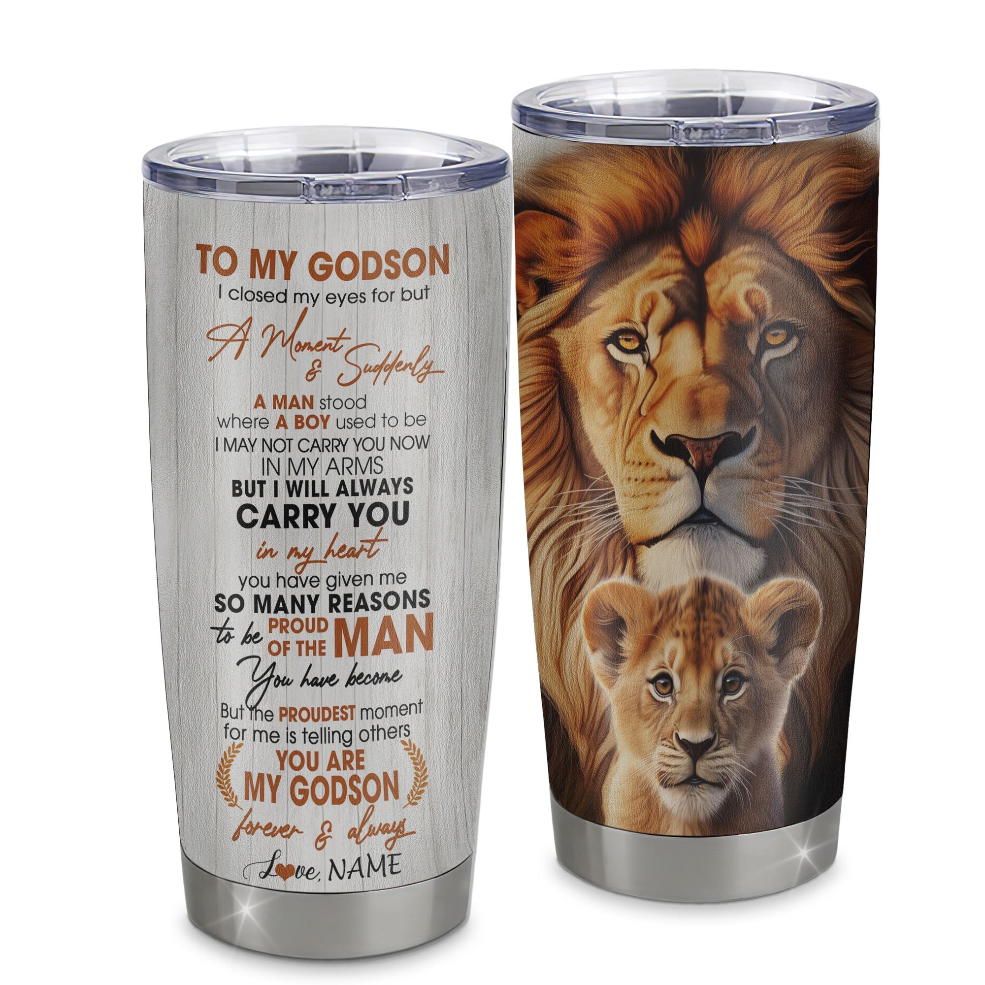 Personalized To My Godson Lion Tumbler From Godfather Uncle I Closed My Eyes Great Godson Birthday Gifts Graduation Christmas Custom Stainless Steel Cup Travel Mug | teecentury