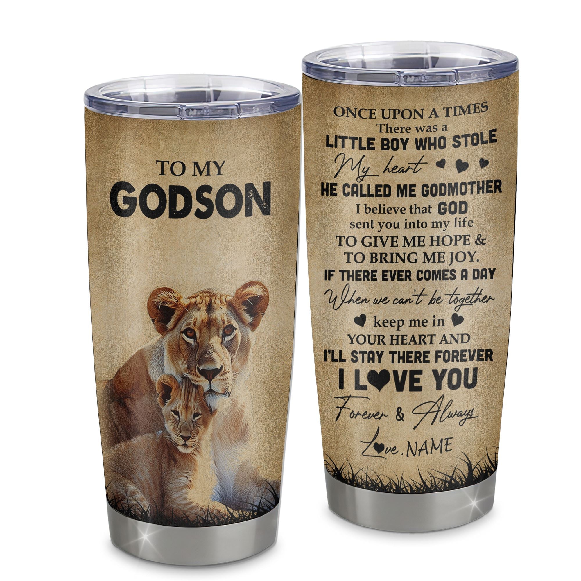 Personalized To My Godson Lion Tumbler From Godmother Stainless Steel Cup I'll Stay There Forever Godson Birthday Graduation Christmas Travel Mug | teecentury