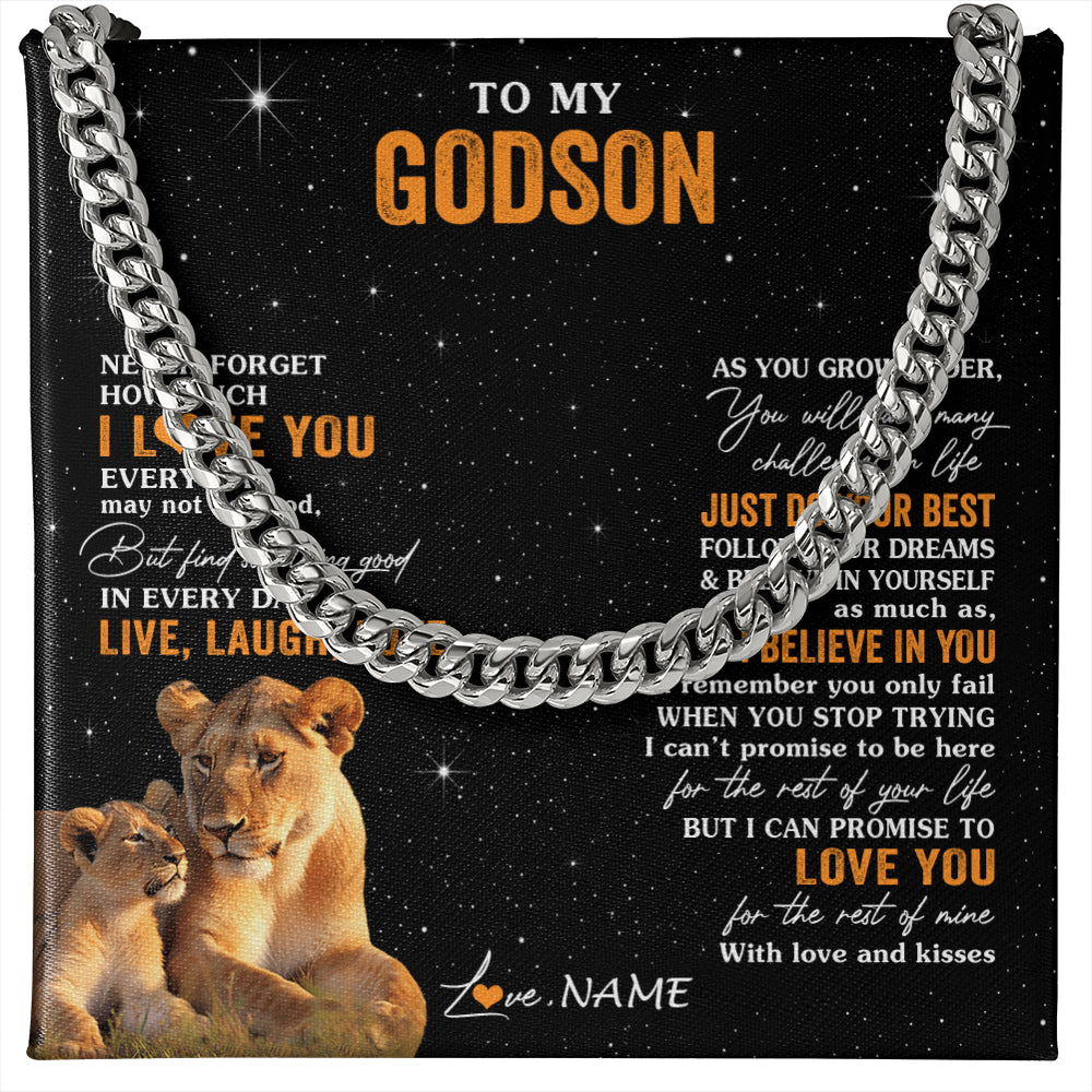 Cuban Link Chain Necklace Stainless Steel | 1 | Personalized To My Godson Necklace From Aunt Live Laugh Love Lion Godson Birthday Gifts Positive Graduation Christmas Customized Gift Box Message Card | teecentury