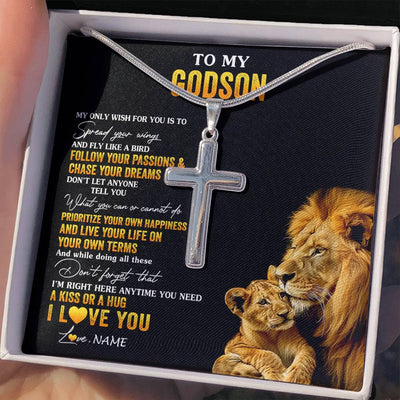 Stainless Cross Necklace Stainless Steel | 2 | Personalized To My Godson Necklace From Godfather Lion My Only Wish For You Godchild Birthday Graduation Christmas Customized Gift Box Message Card | teecentury