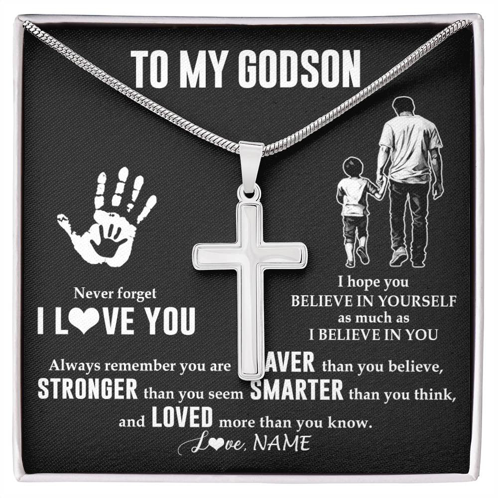 Stainless Cross Necklace Stainless Steel | 1 | Personalized To My Godson Necklace From Godfather Never Forget I Love You Godson Birthday Gifts Christmas New Year Graduation Customized Gift Box Message Card | teecentury