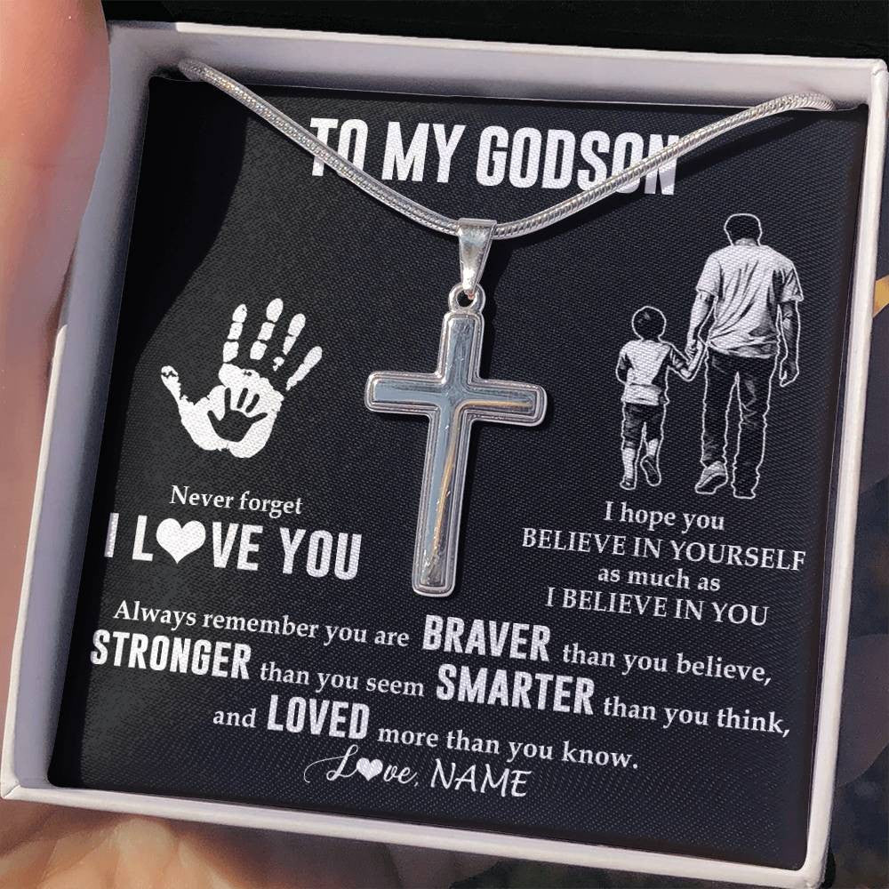 Stainless Cross Necklace Stainless Steel | 2 | Personalized To My Godson Necklace From Godfather Never Forget I Love You Godson Birthday Gifts Christmas New Year Graduation Customized Gift Box Message Card | teecentury