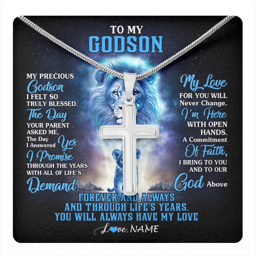 Stainless Cross Necklace Stainless Steel | 1 | Personalized To My Godson Necklace From Godfather Uncle Aunt Lion My Precious Godson Birthday Graduation Christmas Customized Gift Box Message Card | teecentury