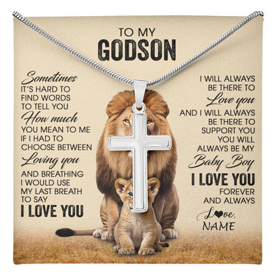 Stainless Cross Necklace Stainless Steel | 1 | Personalized To My Godson Necklace From Godfather Uncle Sometimes It's Hard Lion Godson Gift Birthday Jewelry Christmas Customized Gift Box Message Card | teecentury