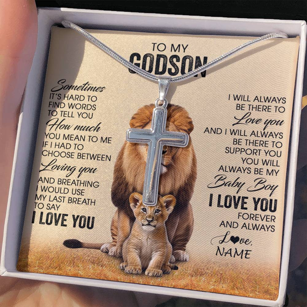 Stainless Cross Necklace Stainless Steel | 2 | Personalized To My Godson Necklace From Godfather Uncle Sometimes It's Hard Lion Godson Gift Birthday Jewelry Christmas Customized Gift Box Message Card | teecentury
