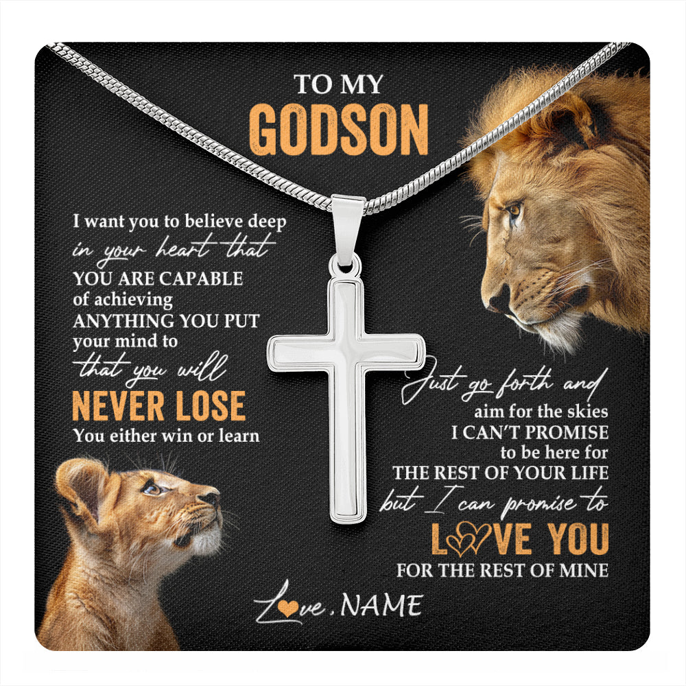 Stainless Cross Necklace Stainless Steel | 1 | Personalized To My Godson Necklace From Godfather Uncle You Will Never Lose Lion Godson Birthday Gifts Graduation Christmas Customized Gift Box Message Card | teecentury