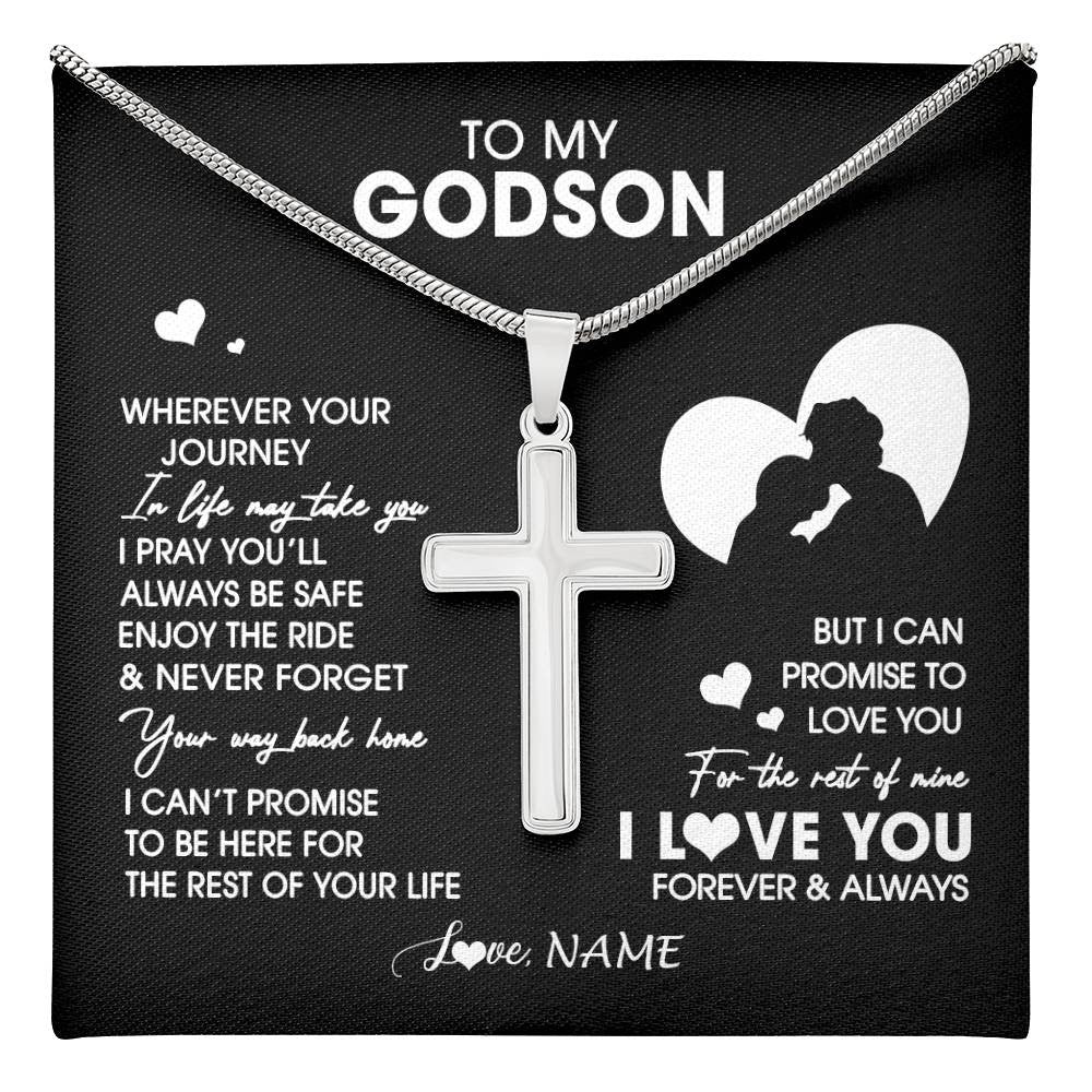 Stainless Cross Necklace Stainless Steel | 1 | Personalized To My Godson Necklace From Godfather Wherever Your Journey Godson Birthday Gifts Jewelry Graduation Christmas Customized Gift Box Message Card | teecentury