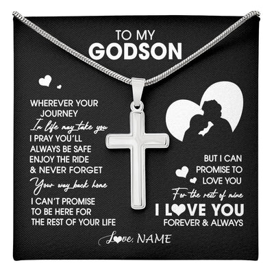 Stainless Cross Necklace Stainless Steel | 1 | Personalized To My Godson Necklace From Godfather Wherever Your Journey Godson Birthday Gifts Jewelry Graduation Christmas Customized Gift Box Message Card | teecentury