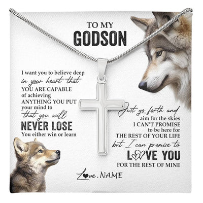 Stainless Cross Necklace Stainless Steel | 1 | Personalized To My Godson Necklace From Godfather You Will Never Lose Wolf Godchild Birthday Graduation Christmas Customized Gift Box Message Card | teecentury
