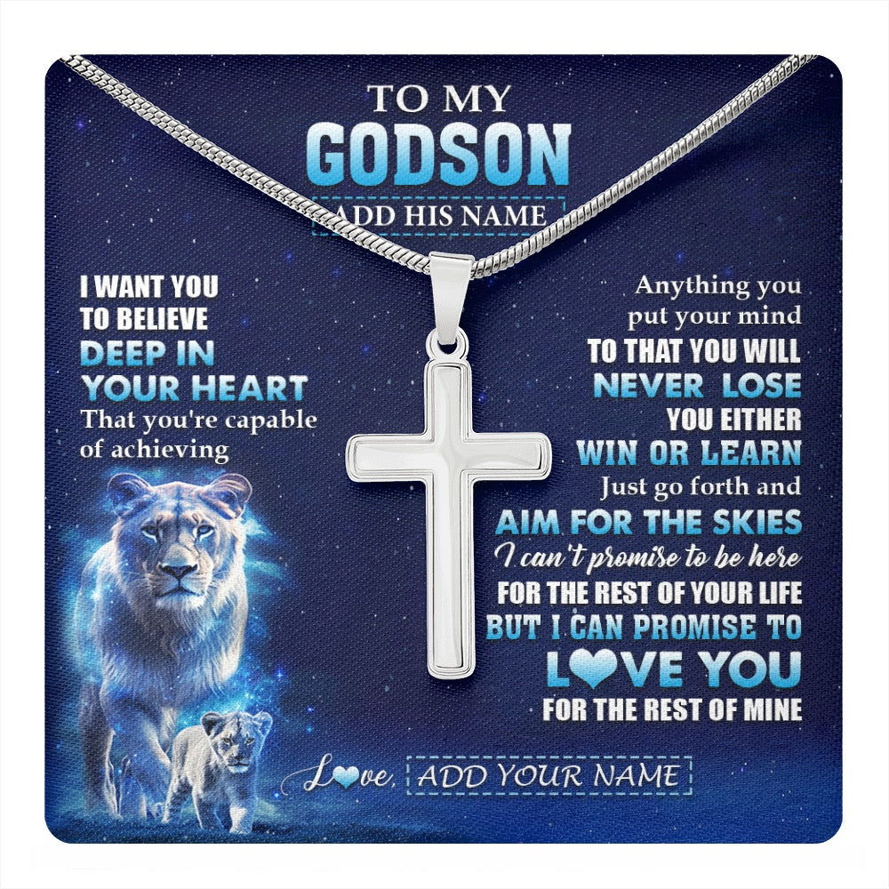 Stainless Cross Necklace Stainless Steel | 1 | Personalized To My Godson Necklace From Godmother Aunt Believe Your Heart Godson Gift Birthday Graduation Christmas Customized Gift Box Message Card | teecentury.myshopify