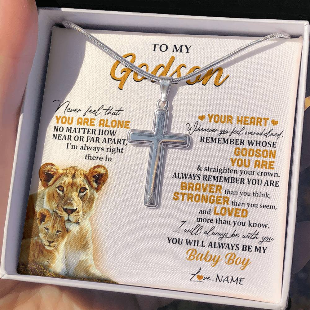 Stainless Cross Necklace Stainless Steel | 2 | Personalized To My Godson Necklace From Godmother Aunt Lion Never Feel That You Are Alone Great Godson Birthday Christmas Customized Gift Box Message Card | teecentury