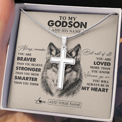 Stainless Cross Necklace Stainless Steel | 2 | Personalized To My Godson Necklace From Godmother Godfather Wolf Braver Stronger Smarter Godson Birthday Graduation Christmas Custom Gift Box Message Card | teecentury.myshopify
