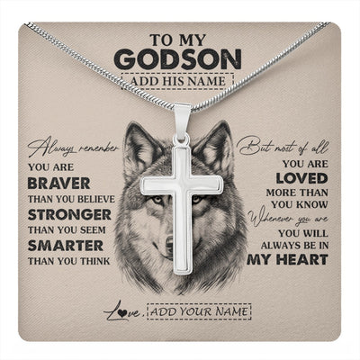 Stainless Cross Necklace Stainless Steel | 1 | Personalized To My Godson Necklace From Godmother Godfather Wolf Braver Stronger Smarter Godson Birthday Graduation Christmas Custom Gift Box Message Card | teecentury.myshopify
