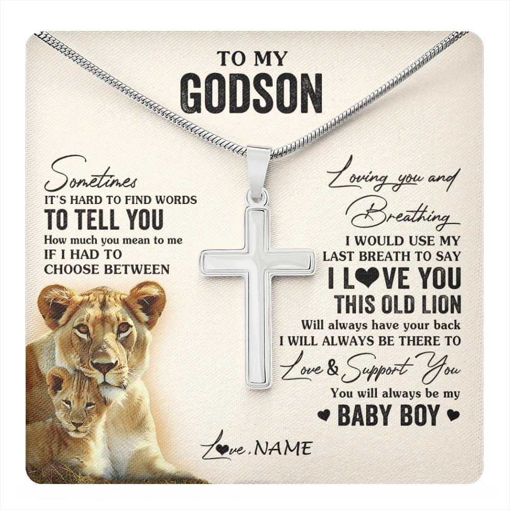 Stainless Cross Necklace Stainless Steel | 1 | Personalized To My Godson Necklace From Godmother I Love You This Old Lion Godson Birthday Graduation Christmas Customized Gift Box Message Card | teecentury