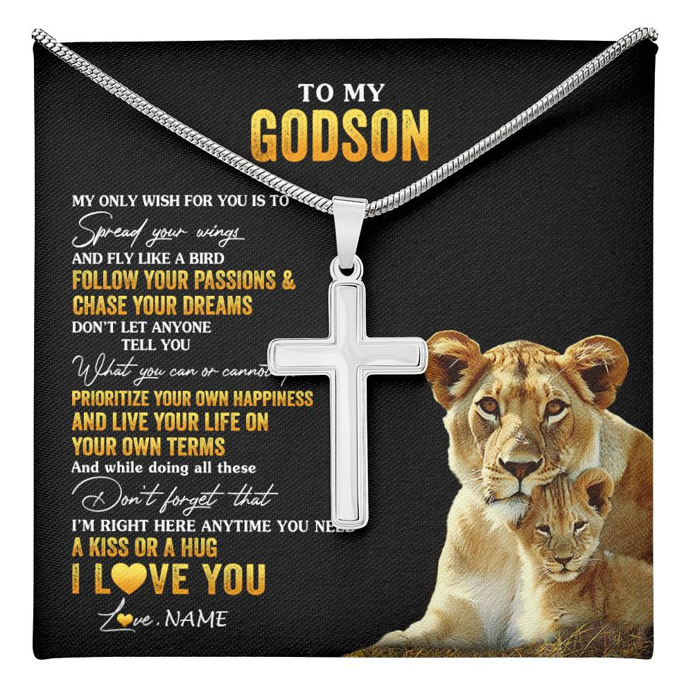 Stainless Cross Necklace Stainless Steel | 1 | Personalized To My Godson Necklace From Godmother Lion My Only Wish For You Godchild Birthday Graduation Christmas Customized Gift Box Message Card | teecentury