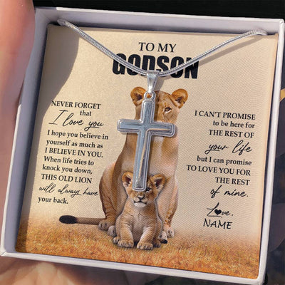 Stainless Cross Necklace Stainless Steel | 2 | Personalized To My Godson Necklace From Godmother Lion Never Forget That I Love You Godson Jewelry Birthday Christmas Customized Message Card | teecentury