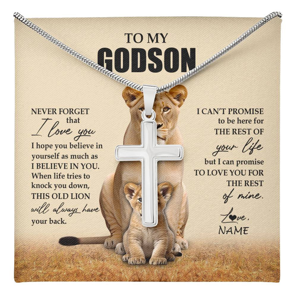 Stainless Cross Necklace Stainless Steel | 1 | Personalized To My Godson Necklace From Godmother Lion Never Forget That I Love You Godson Jewelry Birthday Gifts Graduation Christmas Customized Message Card | teecentury